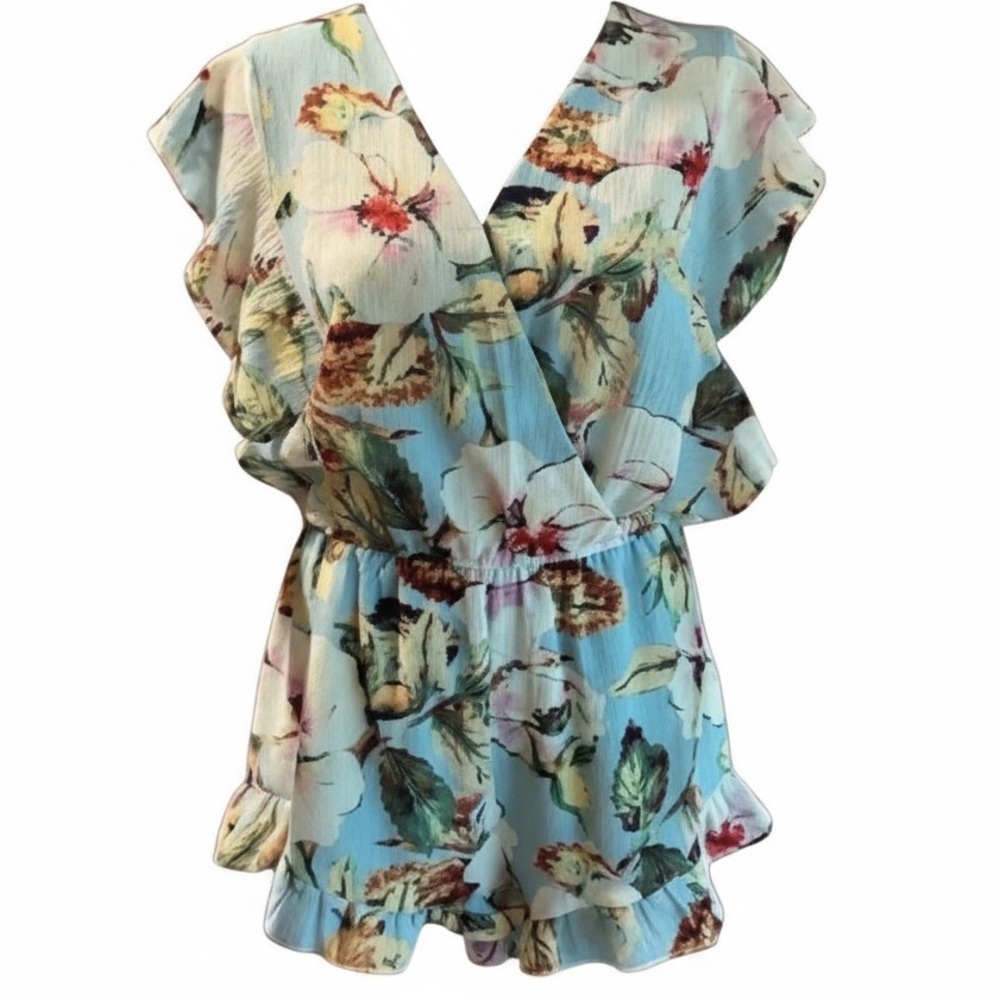 Umgee Floral Blue Romper with Cream & Green Accents